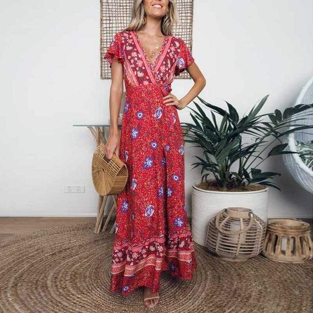 Red Boho Wrap Dress | V-Neck Maxi Dress | Plus Size Long Dress